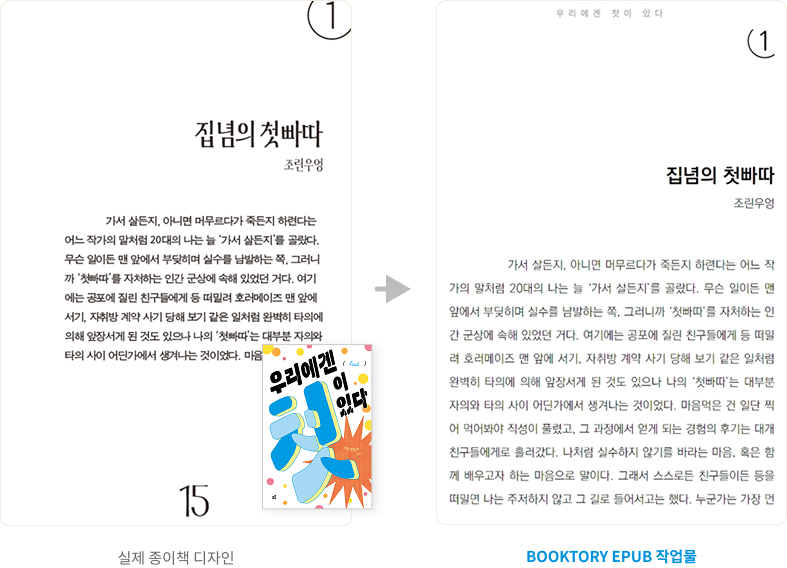 &lsquo;우리에겐 첫이 있다&rsquo; 종이책 지면과 북토리 EPUB 작업물 비교