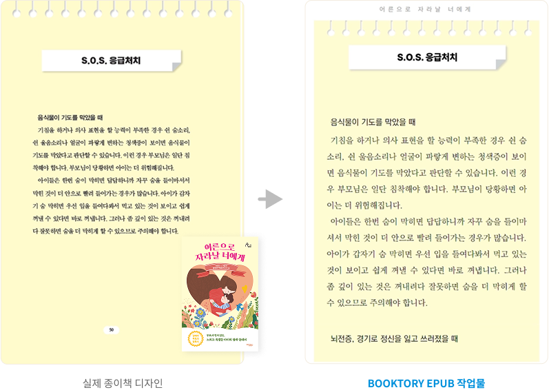 &lsquo;어른으로 자라날 너에게&rsquo; 응급처치 지면 &mdash; 종이책과 북토리 EPUB 작업물 비교