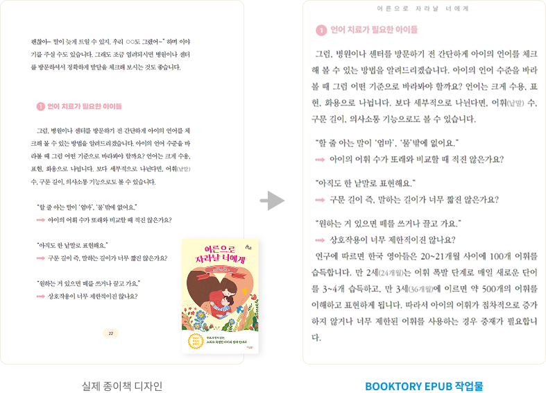 &lsquo;어른으로 자라날 너에게&rsquo; 본문 지면 &mdash; 종이책과 북토리 EPUB 작업물 비교